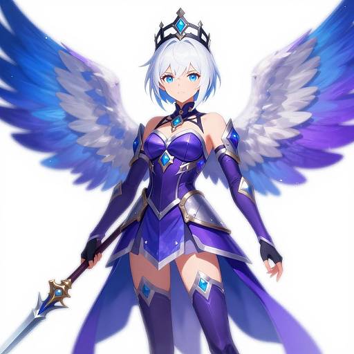 Digital anime-style illustration of a white-haired, blue-eyed female warrior with blue and white wings, wearing a purple armor dress and holding a sword, set