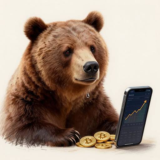 Digital illustration of a brown bear with detailed fur, using a smartphone with a rising graph, surrounded by gold coins.