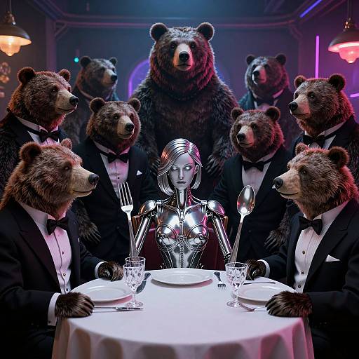 Photorealistic CGI of a humanoid robot seated at a table with eight anthropomorphic bears in tuxedos, dimly lit elegant restaurant.