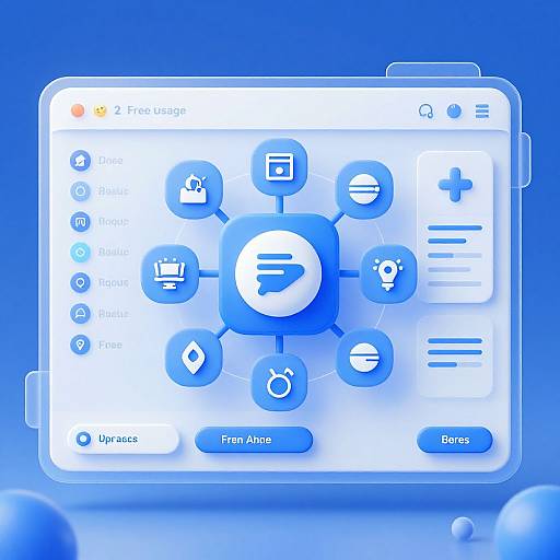 Digital screenshot of a blue-themed app interface with a central Play button, surrounded by icons for Upgrades, Settings, and various features.