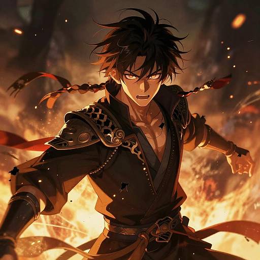 Dynamic anime-style digital illustration of a fierce, black-haired warrior in dark armor, surrounded by intense orange flames, with braided hair and intense, determined