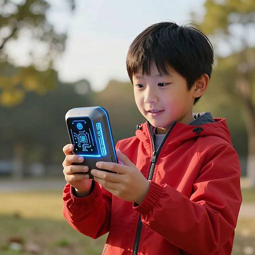 Photograph of an Asian boy with short black hair, wearing a red jacket, intently using a blue-lit, futuristic smartphone in a sunlit
