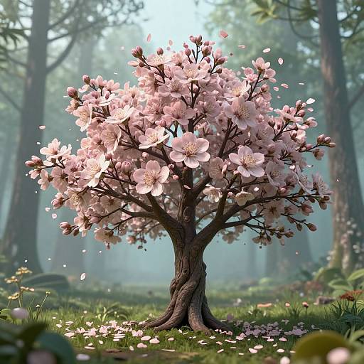 Digital artwork of a cherry blossom tree with pink flowers, surrounded by a misty forest, sunlight filtering through. Petals scatter on the grass below.