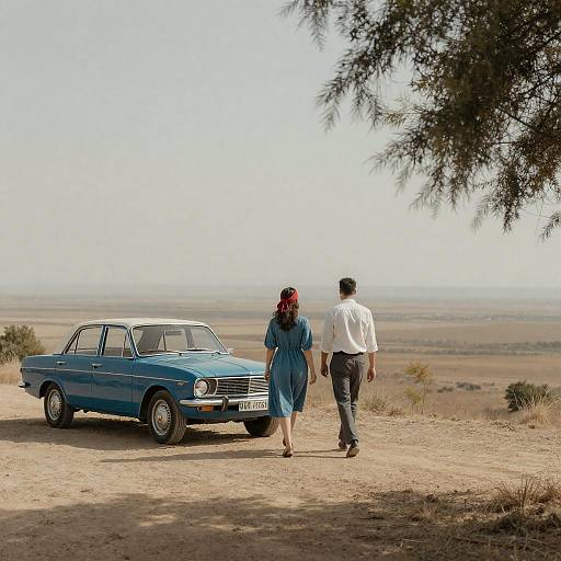 Couple Walking with Vintage Car at Sunset