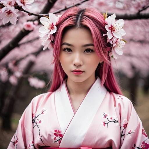 Young Woman in Pink Sakura Kimono