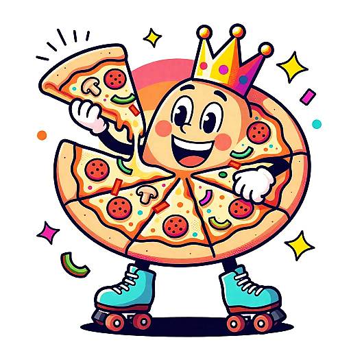 Anthropomorphic Pizza with Crown and Roller Skates