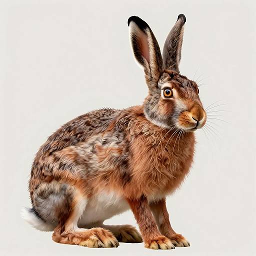 Photograph of a brown, black-spotted rabbit with large ears, sitting on a white background. The rabbit's fur is detailed and textured, showcasing