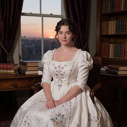 Photograph of a young woman with fair skin, dark curly hair, wearing a white, floral-embroidered, 18th-century-style dress