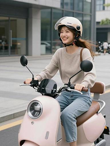 Smiling Woman Riding Pastel Pink Scooter