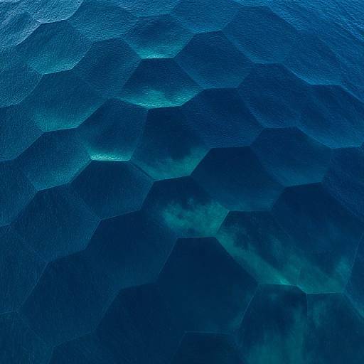 Abstract photograph of deep blue ocean waves with hexagonal patterns, illuminated by sunlight, creating a textured, underwater effect.