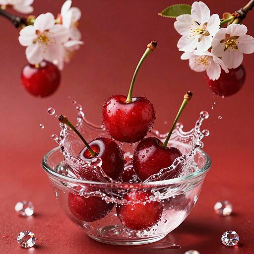 Photorealistic Cherries Splashing in Bowl