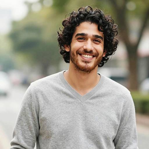 Smiling Man in Gray Sweater Outdoors