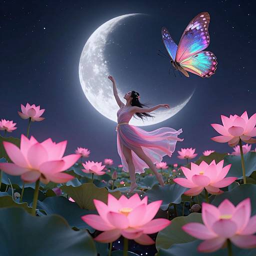 Digital artwork of a woman in a flowing pink dress dancing with a vibrant blue-purple butterfly under a glowing moon, surrounded by pink lotus flowers in a