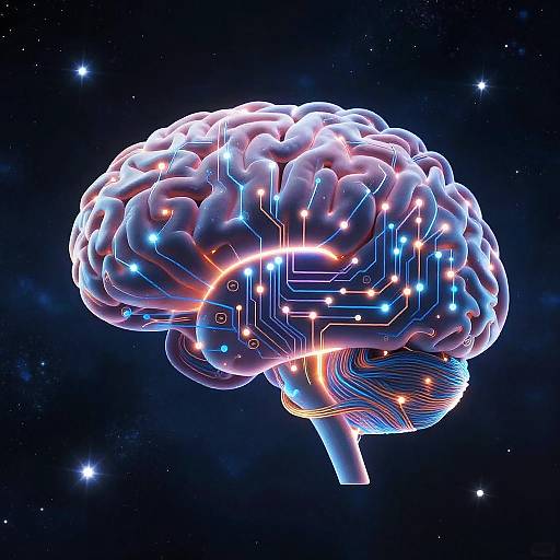 AI Brain with Glowing Circuits in Cosmic Space