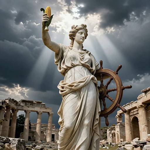 Photograph of a white marble statue of a classical goddess holding corn, standing in front of ancient ruins with a ship's wheel, under dramatic, sun