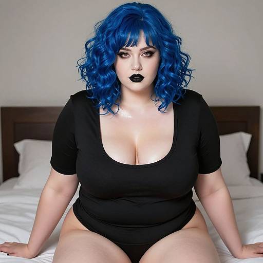 Photograph of a plus-size woman with vibrant blue curly hair, black lipstick, and black top, sitting on a white bed.