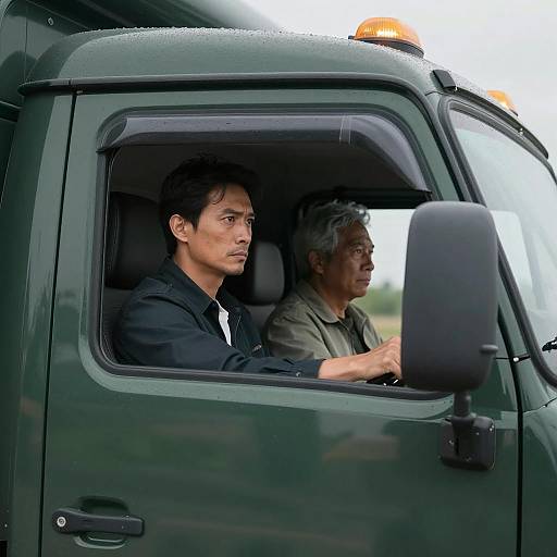 Serious Men in Dark Green Truck