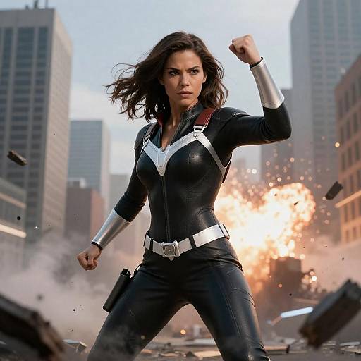 Dynamic Female Superhero in Urban Chaos