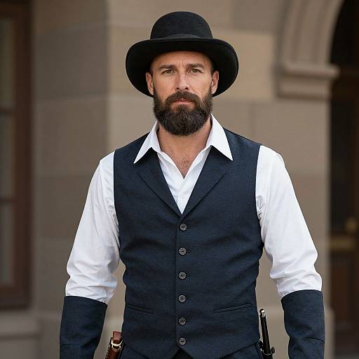 Photograph of a bearded man with a dark hat, white shirt, black vest, and gloves, standing in front of a stone building.