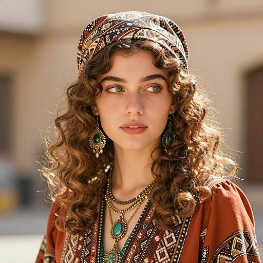 Young Woman in Patterned Headscarf and Jewelry