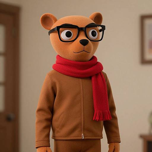 CGI cartoon bear with brown fur, black glasses, red scarf, and brown jacket standing in a softly lit, beige room.