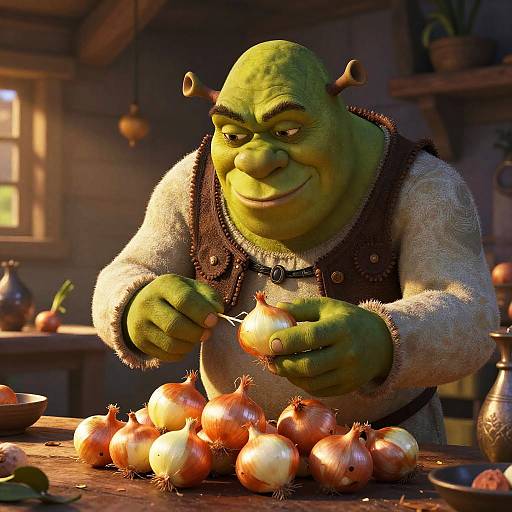 CGI image of a green-skinned, bald, goblin-like creature with small horns, wearing a brown vest over a white shirt, peeling