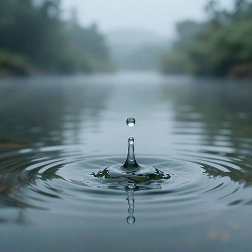 Photograph of a single water droplet splashing into a calm, reflective lake, with blurred green trees in the background.