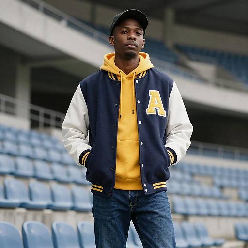 Young Man in Letterman Jacket at Stadium