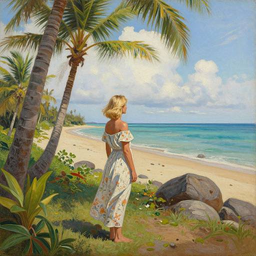 Blonde woman in floral off-shoulder dress stands on tropical beach, palms and rocks in foreground, turquoise ocean and cloudy sky in background. Digital