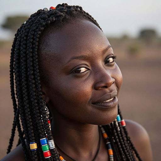 Photograph of a smiling, dark-skinned African woman with braided hair, adorned with colorful beads, against a blurred outdoor background.
