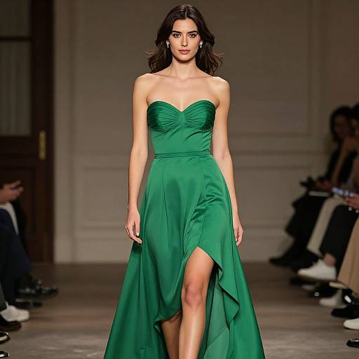 Photograph of a dark-haired woman in a strapless, emerald green, asymmetrical dress with a thigh-high slit, walking down a dimly