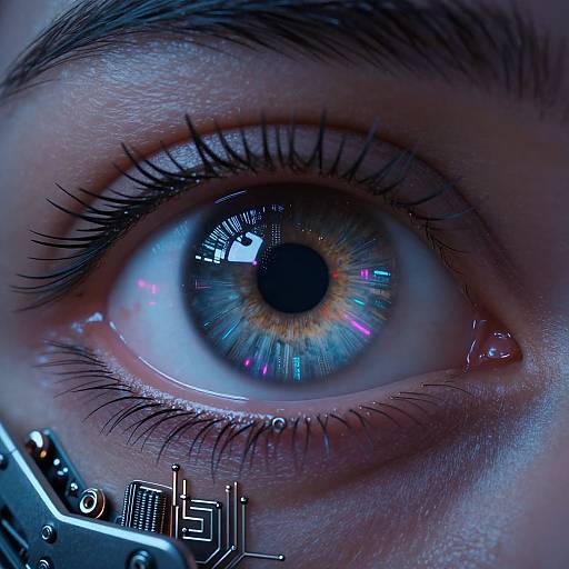 Close-up photograph of a human eye with a blue iris, reflecting colorful digital lights and circuit patterns, emphasizing technological connection.