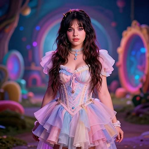 Digital art of a fair-skinned, dark-haired woman in a white, frilled, corseted ball gown with pink and blue accents, standing