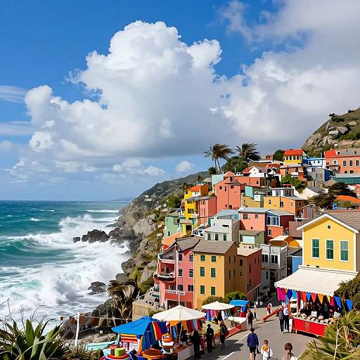 Vibrant Coastal Town in Windy Weather