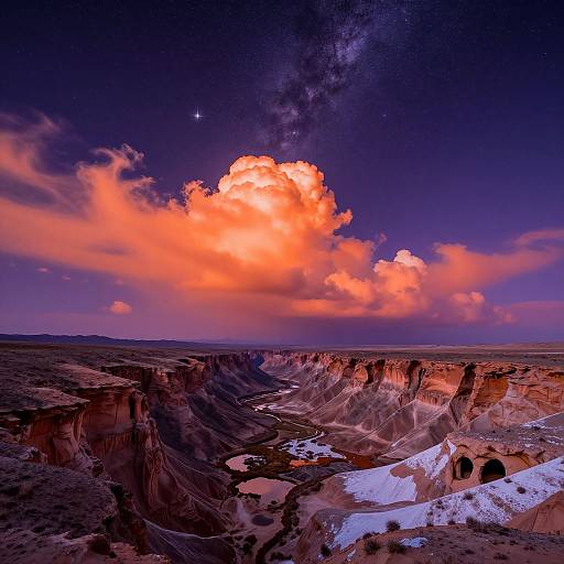 Photograph of a dramatic desert canyon at sunset, featuring vibrant orange clouds, purple sky, snow-capped cliffs, and a Milky Way.