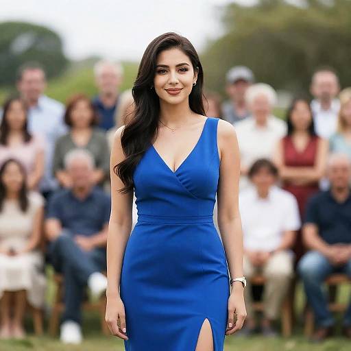 Photograph of a smiling woman with long black hair wearing a vibrant blue, sleeveless, V-neck dress with a side slit, standing in front of
