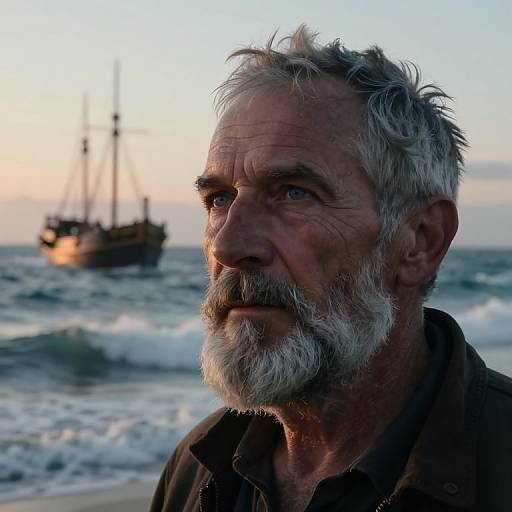 Photograph of an elderly man with a white beard and grey hair, standing on a beach at sunset, with a ship in the background. His expression