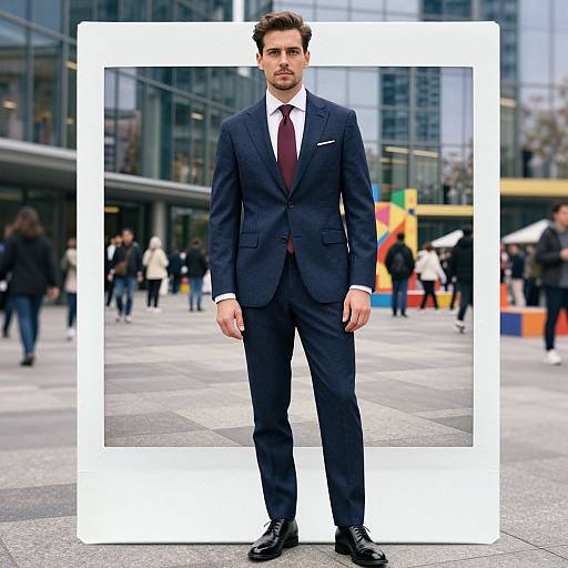 Photograph of a handsome man in a dark navy suit, white shirt, and red tie, standing in a busy city square with a white rectangular frame