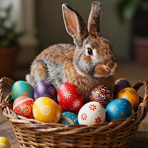 Rabbit in Basket with Decorated Easter Eggs