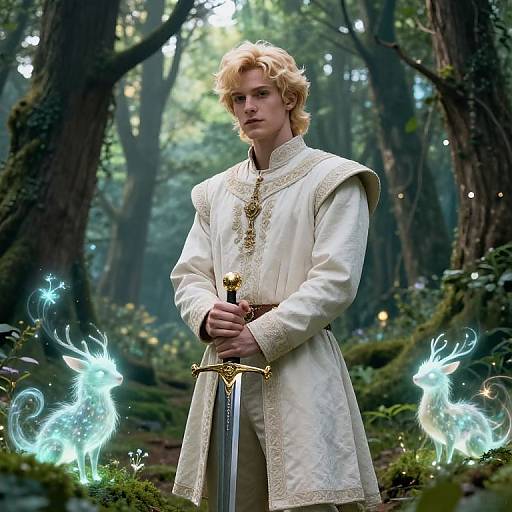 Blonde young man in medieval white robe holds sword, surrounded by glowing blue deer spirits in enchanted forest. Photorealistic CGI.