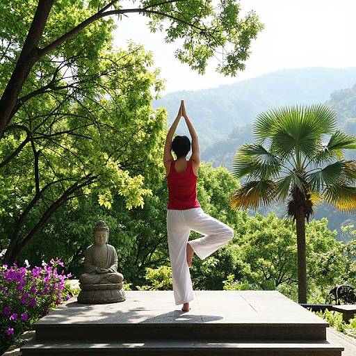 Photograph of a woman in a red tank top and white pants performing a yoga tree pose outdoors, surrounded by lush greenery, a Buddha statue,