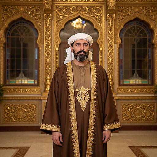 Photograph of a bearded Middle Eastern man in a white turban and ornate brown robe, standing in an opulent, gold-embell