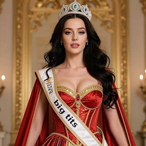 Photograph of a beautiful woman with long black hair, wearing a sparkling red corset, gold accents, white sash with 