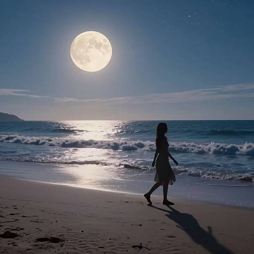 Silhouetted girl in dress walks on moonlit beach, full moon shining brightly in night sky, waves gently crashing in the background.