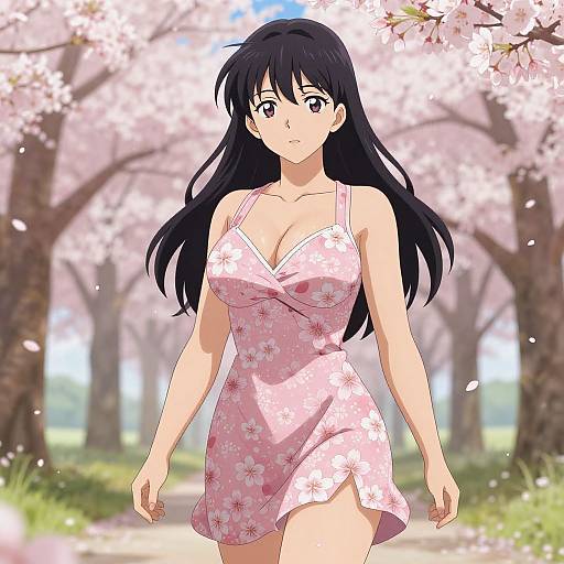 Anime-style digital drawing of a black-haired woman with large breasts in a pink floral dress, walking through a cherry blossom-filled park.