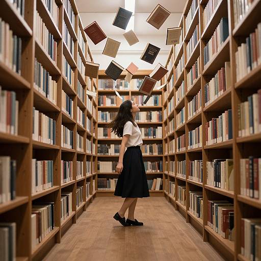 Photograph of a young woman with long black hair, wearing a white blouse and black skirt, reaching for floating books in a wooden library aisle.