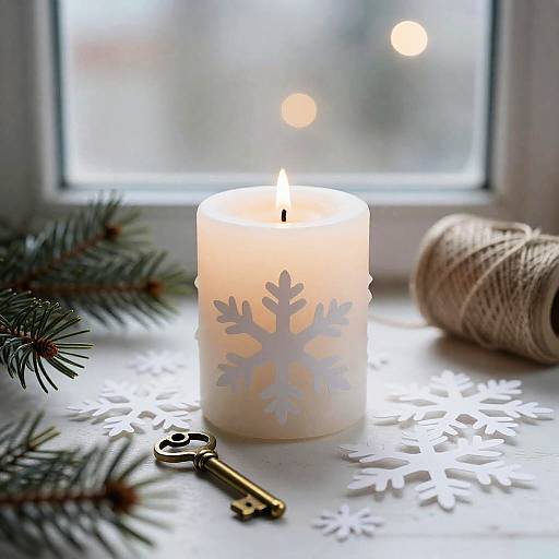 Holiday Candle with Snowflakes and Brass Key
