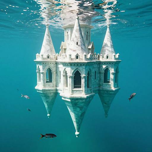 Photograph of a white, castle-like structure with three pointed towers, floating underwater in a clear blue ocean, surrounded by small fish.