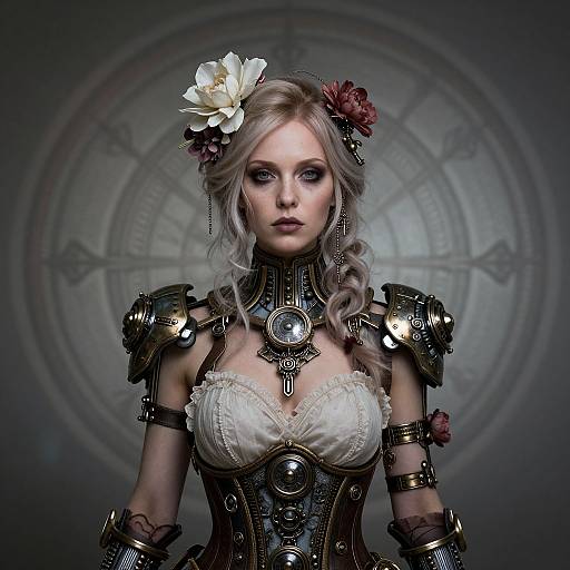 Photorealistic digital artwork of a blonde woman with white and red flower headpieces, wearing steampunk armor and white lace corset, against a