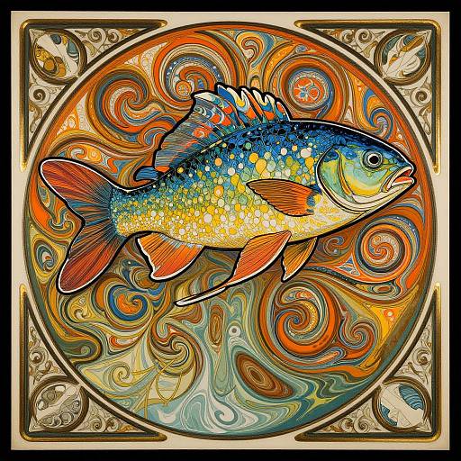 Vibrant digital drawing of a colorful fish with orange fins, blue and yellow scales, surrounded by swirling, abstract orange and yellow patterns in a square